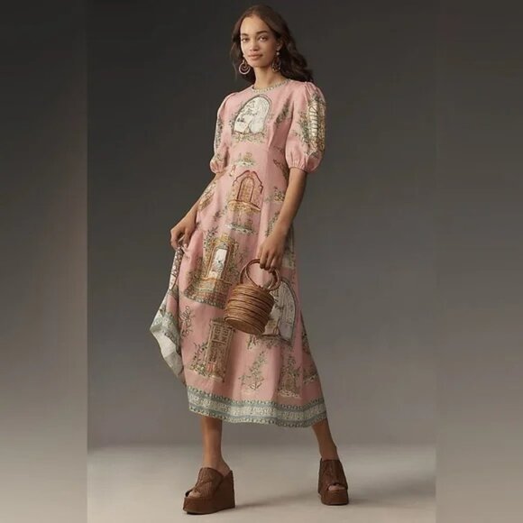 Anthropologie ALÉMAIS Monte Short-Sleeve Linen Midi Dress - Picture 1 of 5